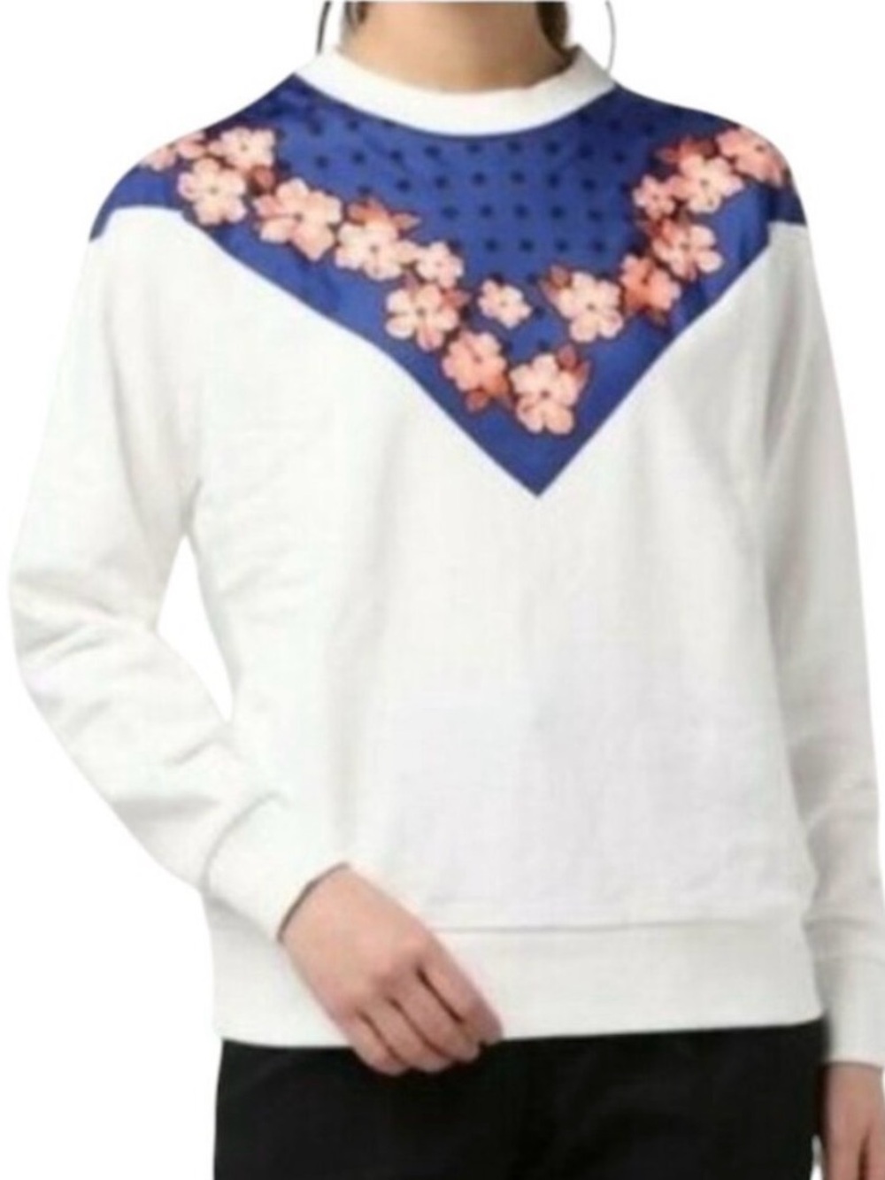 Scotch & Soda White Crewneck with Blue Polka Dot Yoke and Orange Tag